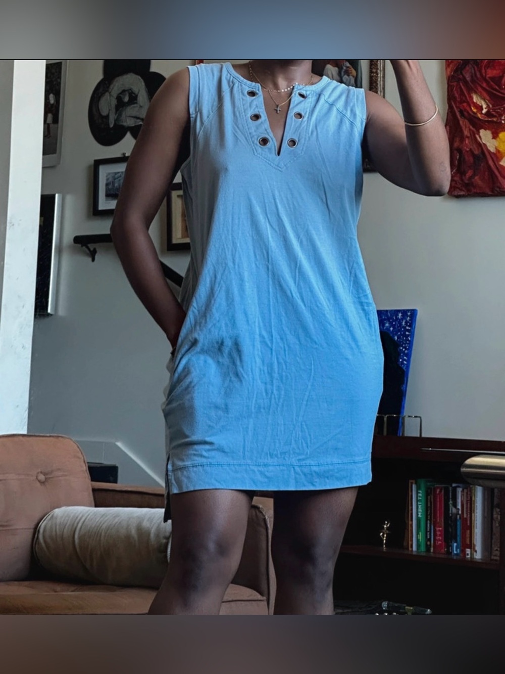 Blue Sleeveless Grommet Neck T-Shirt Dress Women’s Casual Shift Dress Pocket M
